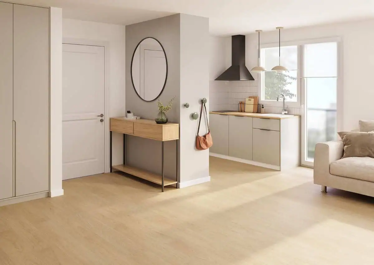 Finfloor Original 2026 Roble Arroyo Tibet Finfloor Original 2026 - Roble Arroyo acabado Tibet en salon y cocina abierta